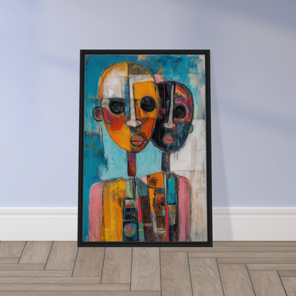 Abstract painting of stylized faces in vibrant colors, framed canvas for room decoration