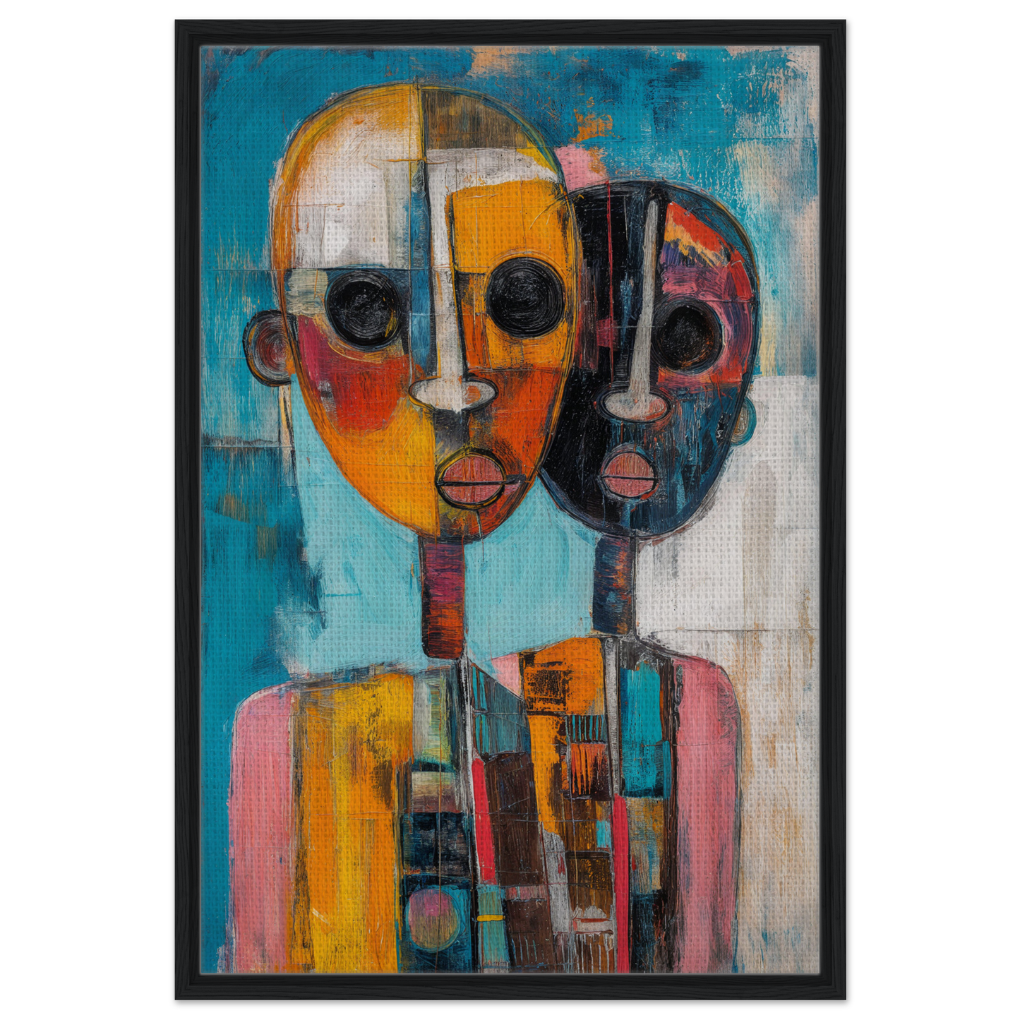 Abstract painting of two faces in vibrant colors for Cubist Color Octave framed canvas