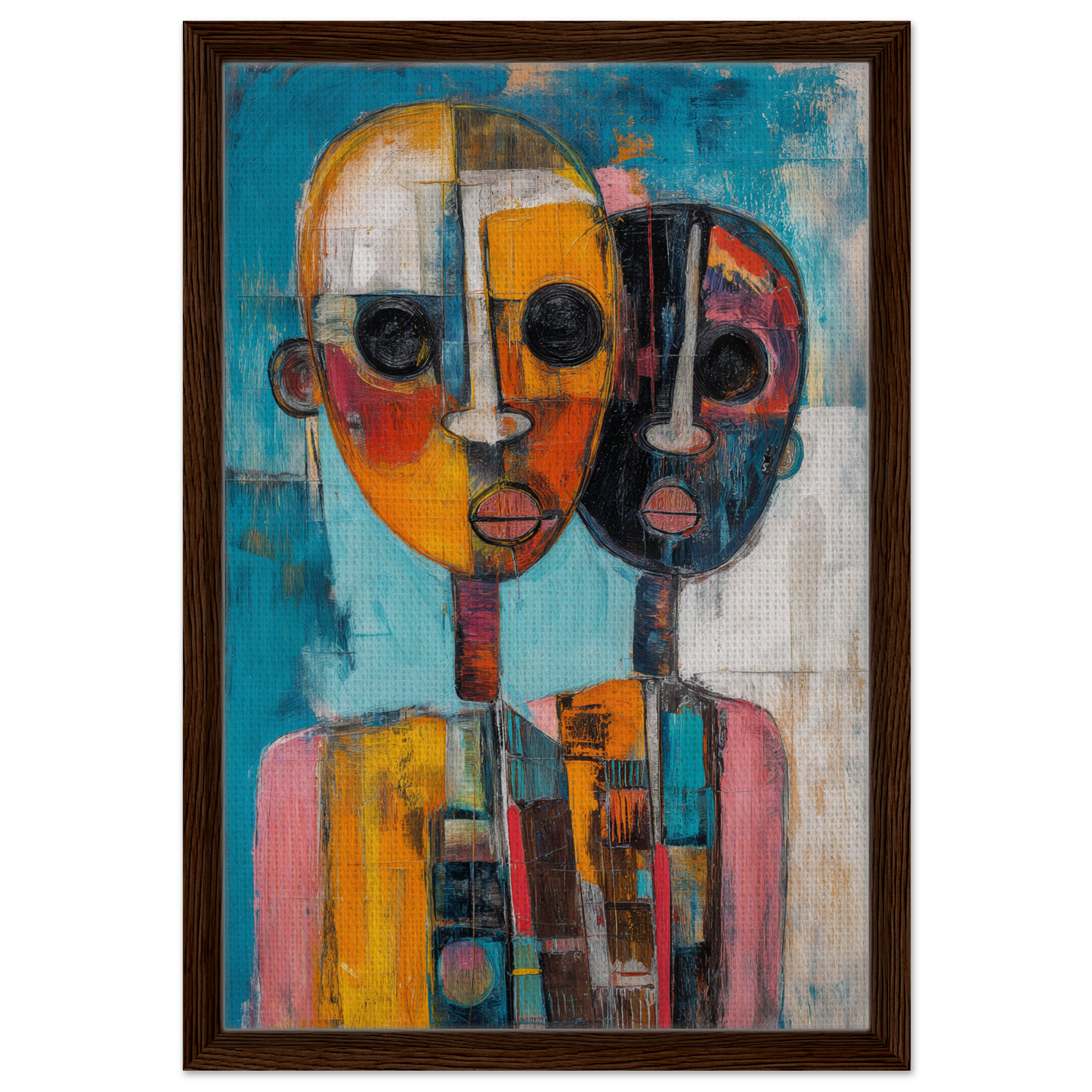 Abstract painting of merged faces in vibrant colors, featured in Cubist Color Octave framed canvas