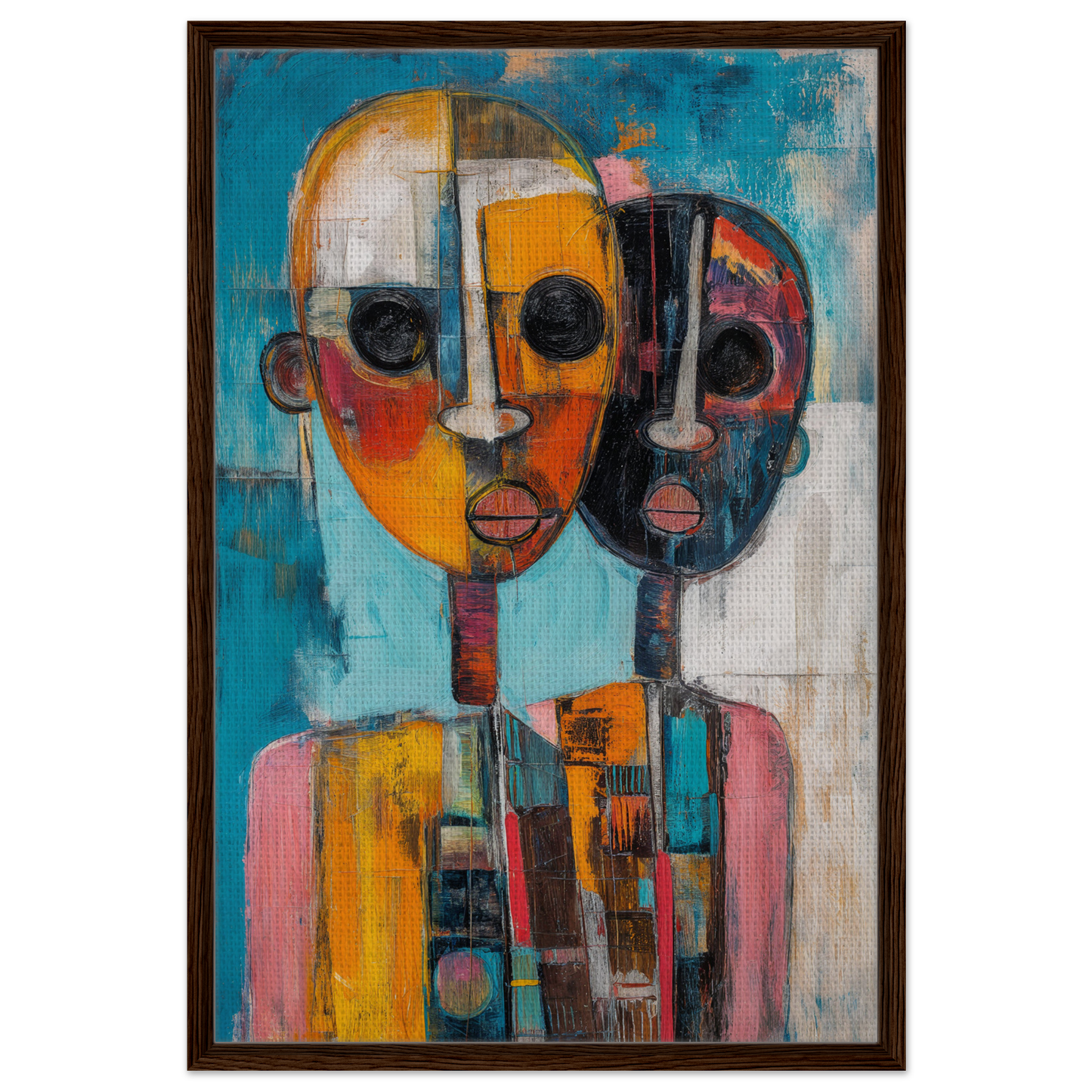 Abstract painting of two stylized faces in vibrant colors for Cubist Color Octave framed canvas