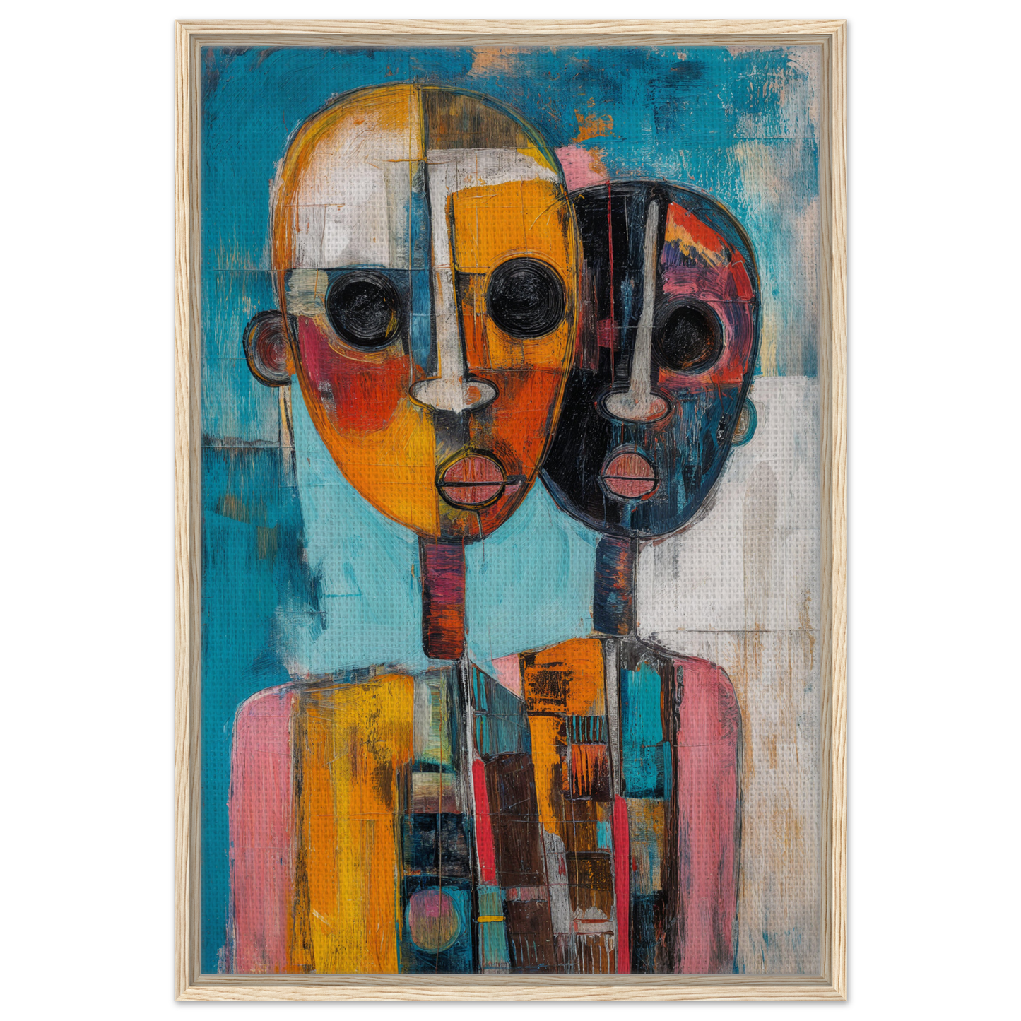 Abstract painting of merged faces in vibrant colors for Cubist Color Octave framed canvas