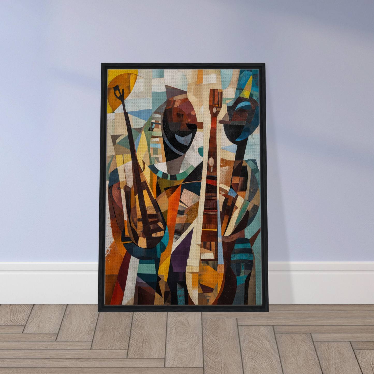 Abstract painting of geometric shapes and musical instruments for Cubist Melodies Ignite