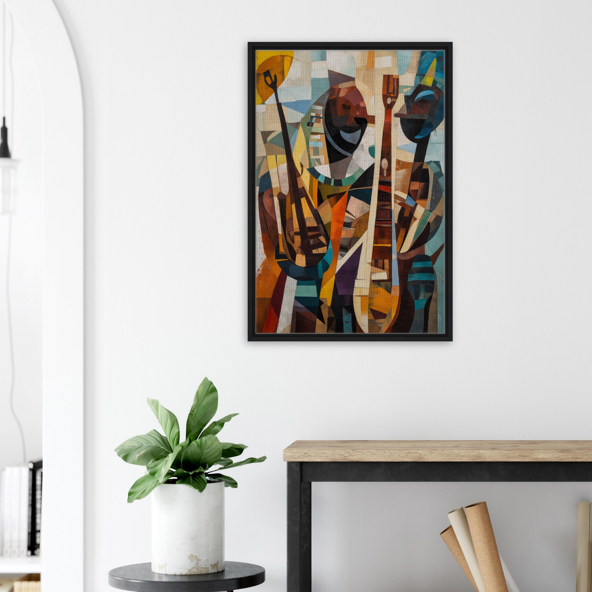 Abstract painting of musical instruments in vibrant colors for Cubist Melodies Ignite