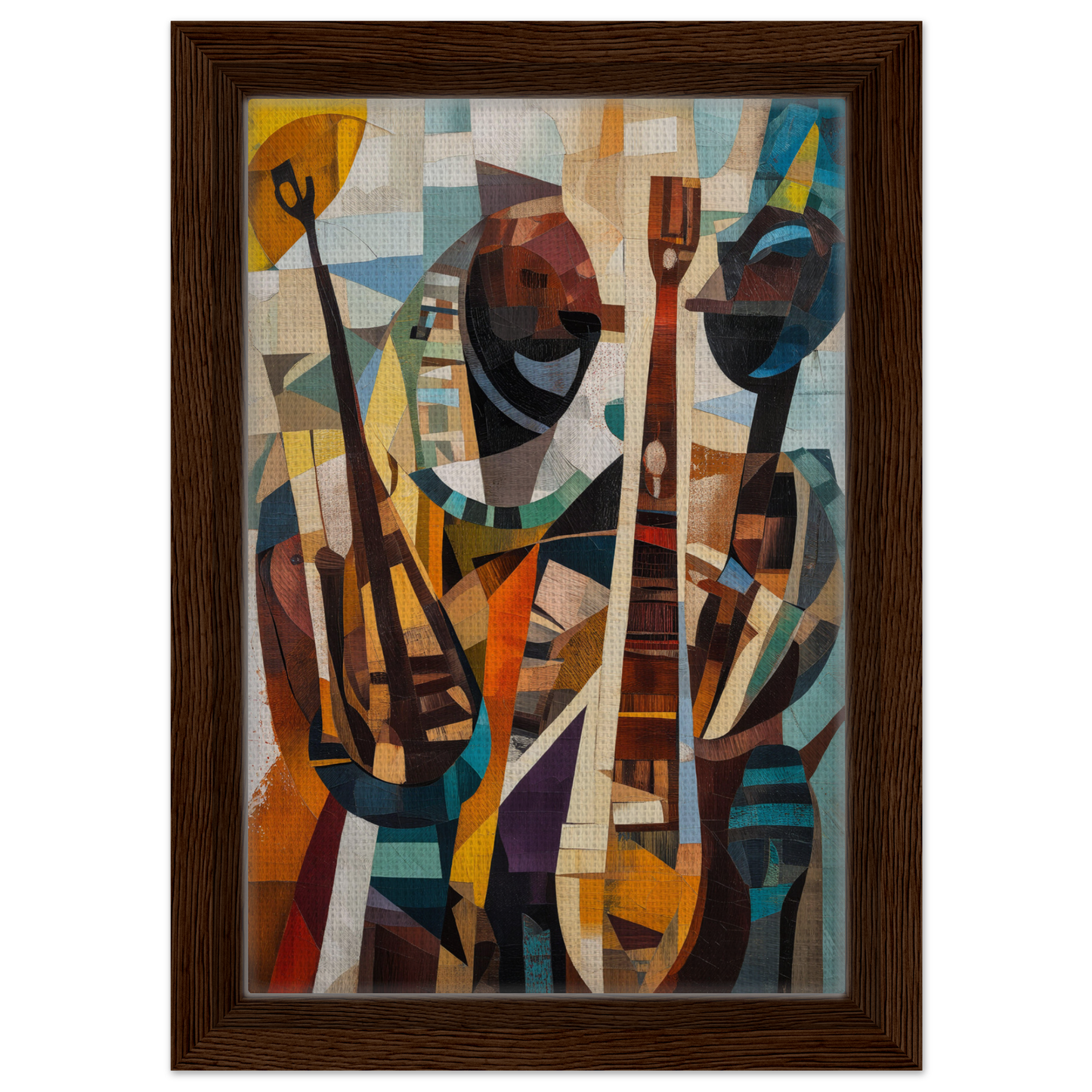 Abstract cubist-style painting of stylized figures with musical instruments for Cubist Melodies Ignite