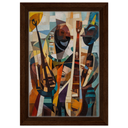 Abstract cubist-style painting of stylized figures with musical instruments for Cubist Melodies Ignite