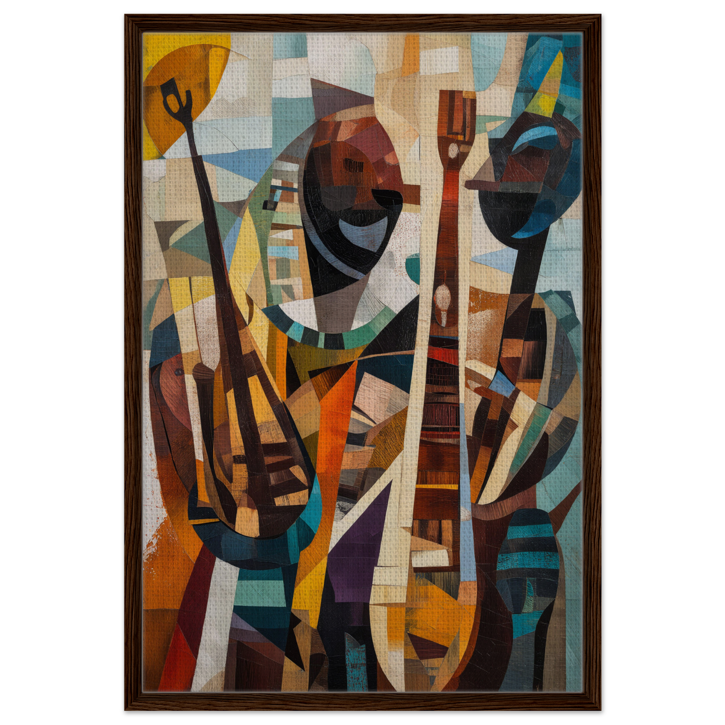 Abstract cubist painting of stylized figures in warm tones for Cubist Melodies Ignite room decor