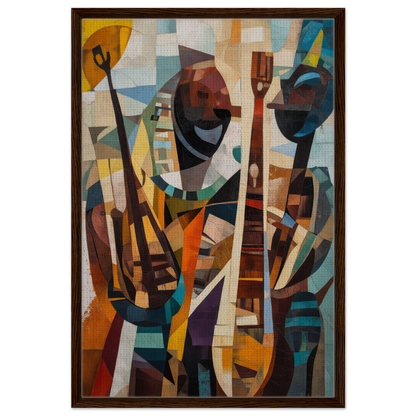 Abstract cubist painting of stylized figures in warm tones for Cubist Melodies Ignite room decor