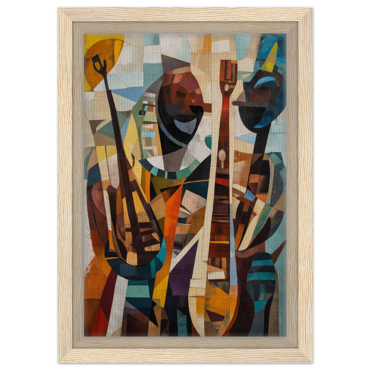 Abstract cubist painting of fragmented figures with instruments for Cubist Melodies Ignite