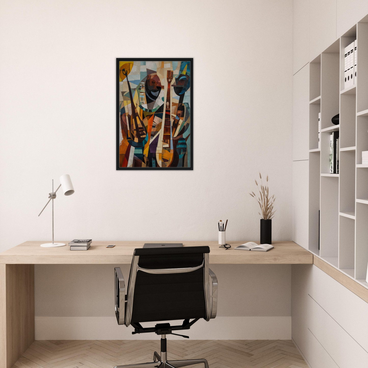 Modern home office with minimalist desk and Cubist Melodies Ignite artwork for room decor