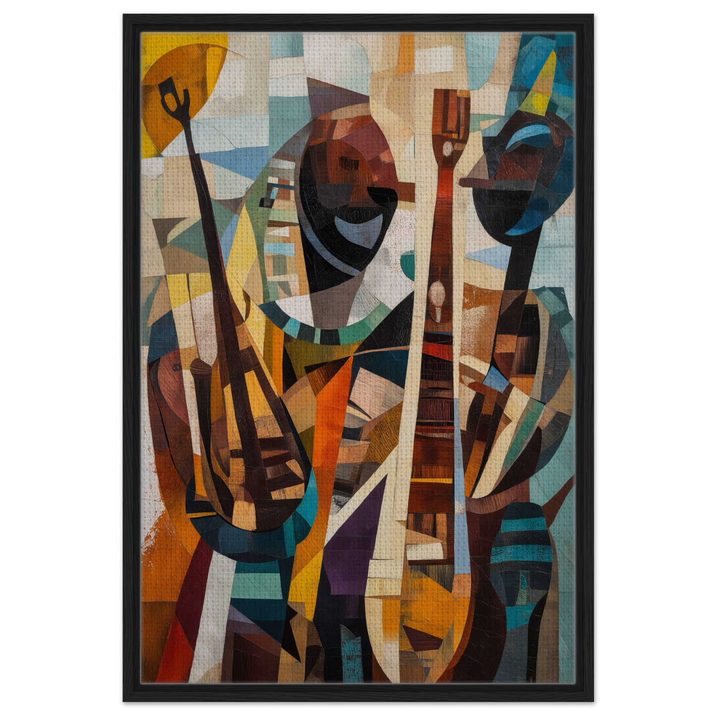 Abstract cubist painting of human figures with instruments for Cubist Melodies Ignite room decor