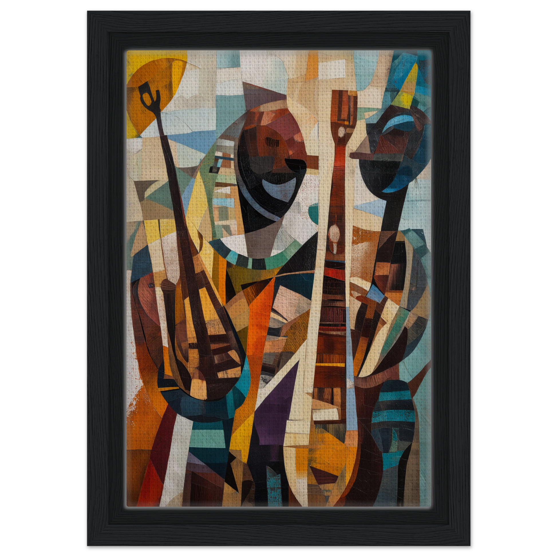 Abstract cubist painting of human figures with tools for Cubist Melodies Ignite room decor