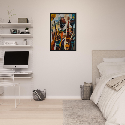 Abstract painting of musical instruments in vibrant colors, Cubist Melodies Ignite room decor