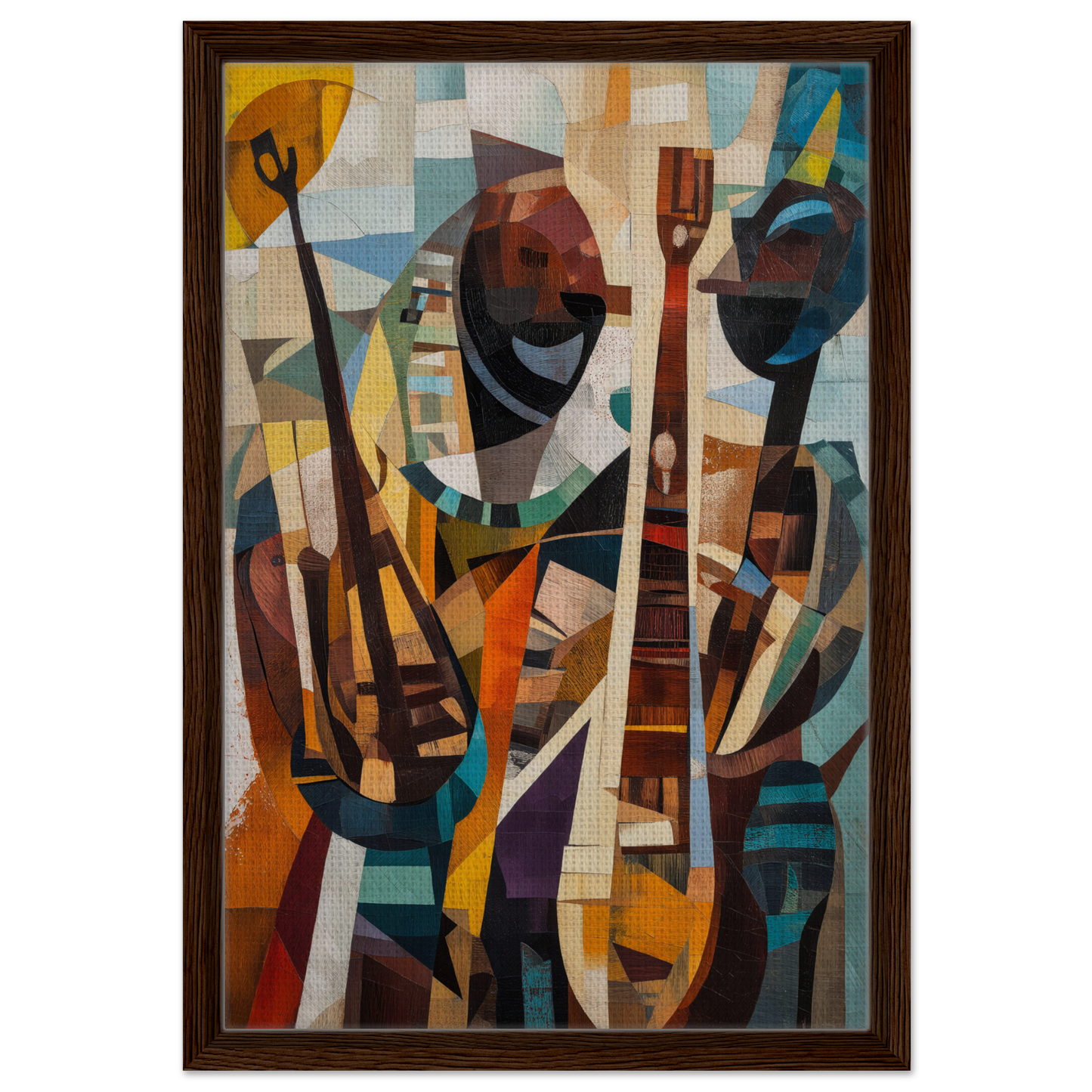 Abstract cubist painting of figures with instruments for Cubist Melodies Ignite framed canvas print