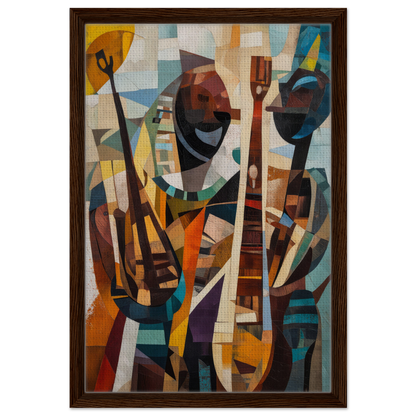 Abstract cubist painting of figures with instruments for Cubist Melodies Ignite framed canvas print