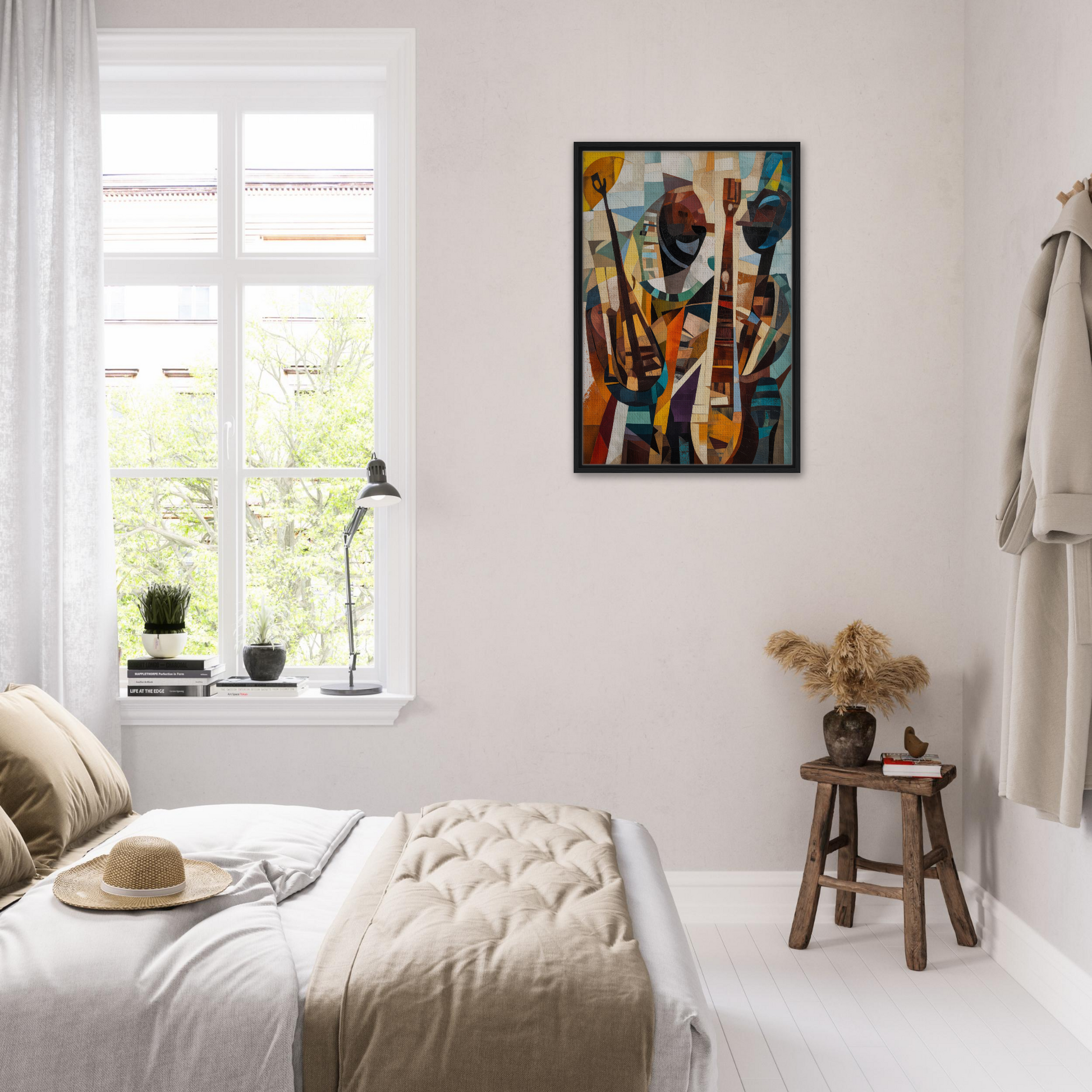 Bright abstract painting in black frame on white wall, Cubist Melodies Ignite design