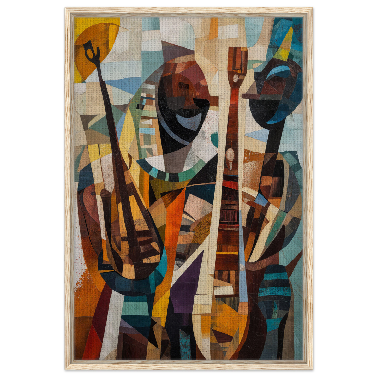 Abstract cubist painting with musical figures for Cubist Melodies Ignite framed canvas print