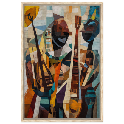 Abstract cubist painting with musical figures for Cubist Melodies Ignite framed canvas print