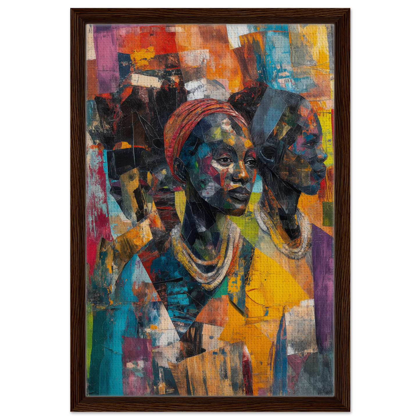 Vibrant abstract portrait with headwrap and necklaces in Cubist Souls Dance framed art