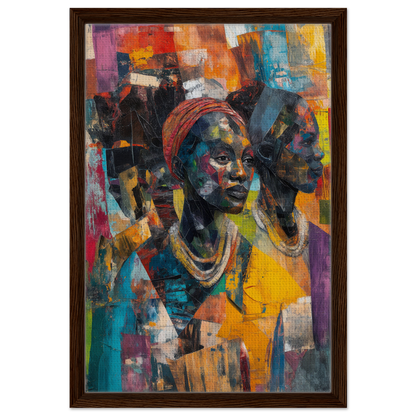 Vibrant abstract portrait with headwrap and necklaces in Cubist Souls Dance framed art