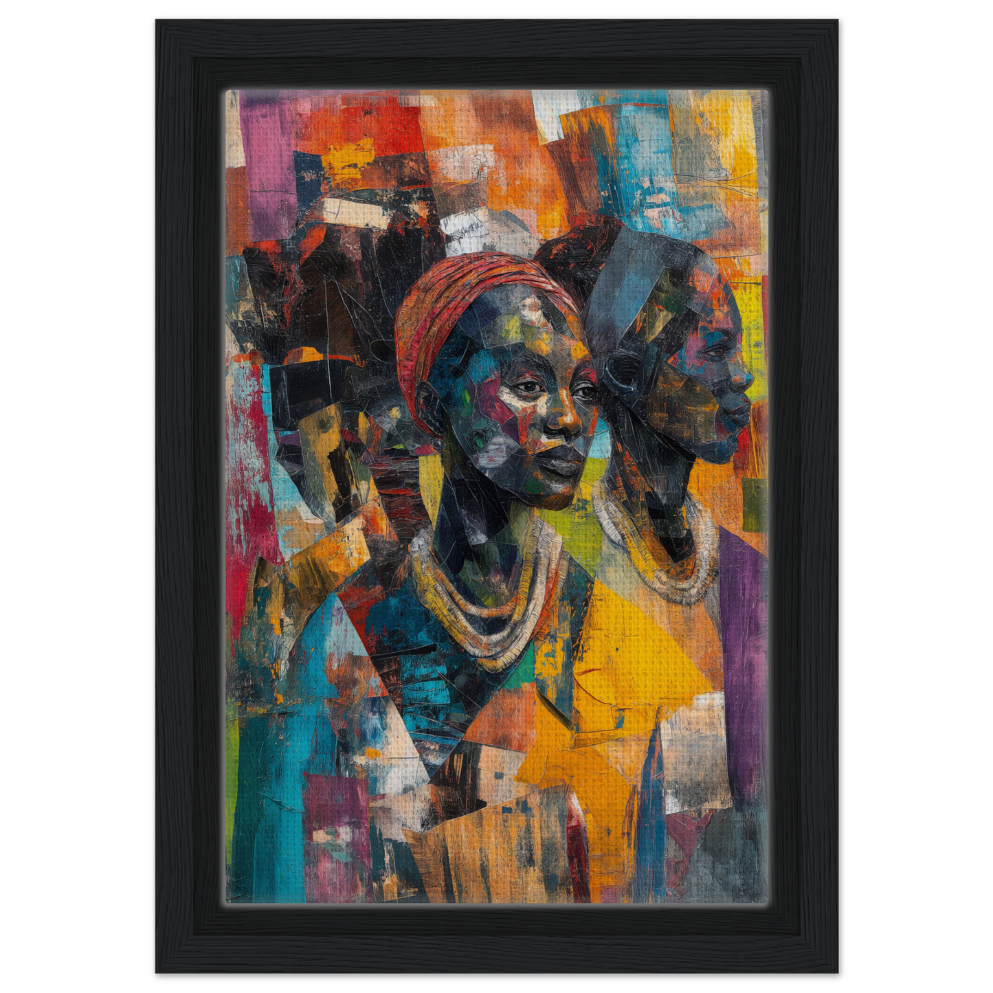 Vibrant framed canvas art of an African woman in Cubist Souls Dance attire