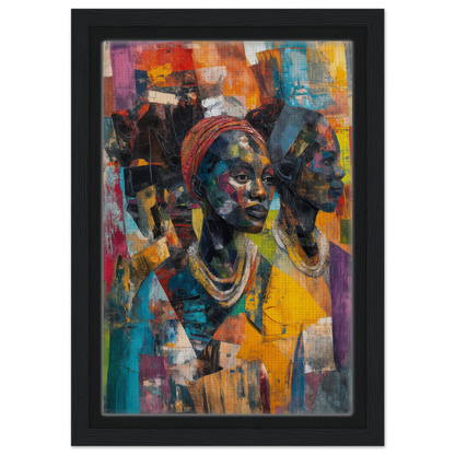 Vibrant framed canvas art of an African woman in Cubist Souls Dance attire