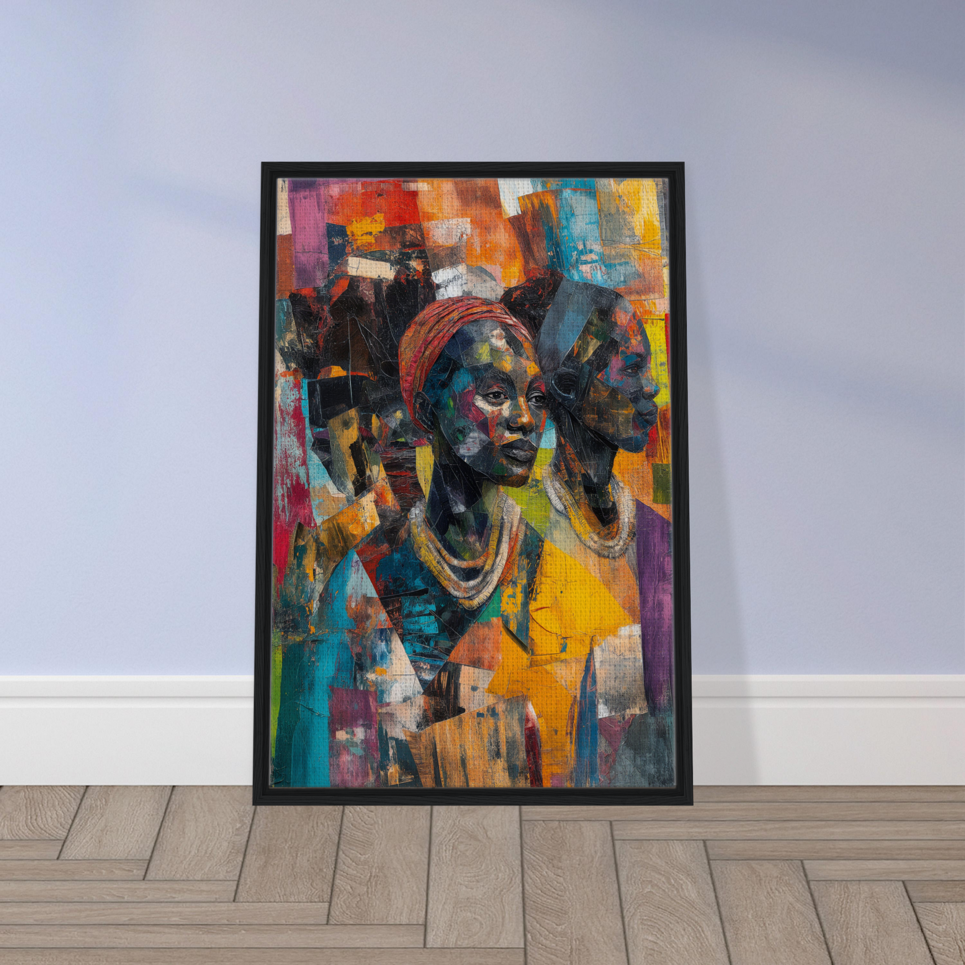 Colorful abstract portrait of African figures in a black frame for Cubist Souls Dance