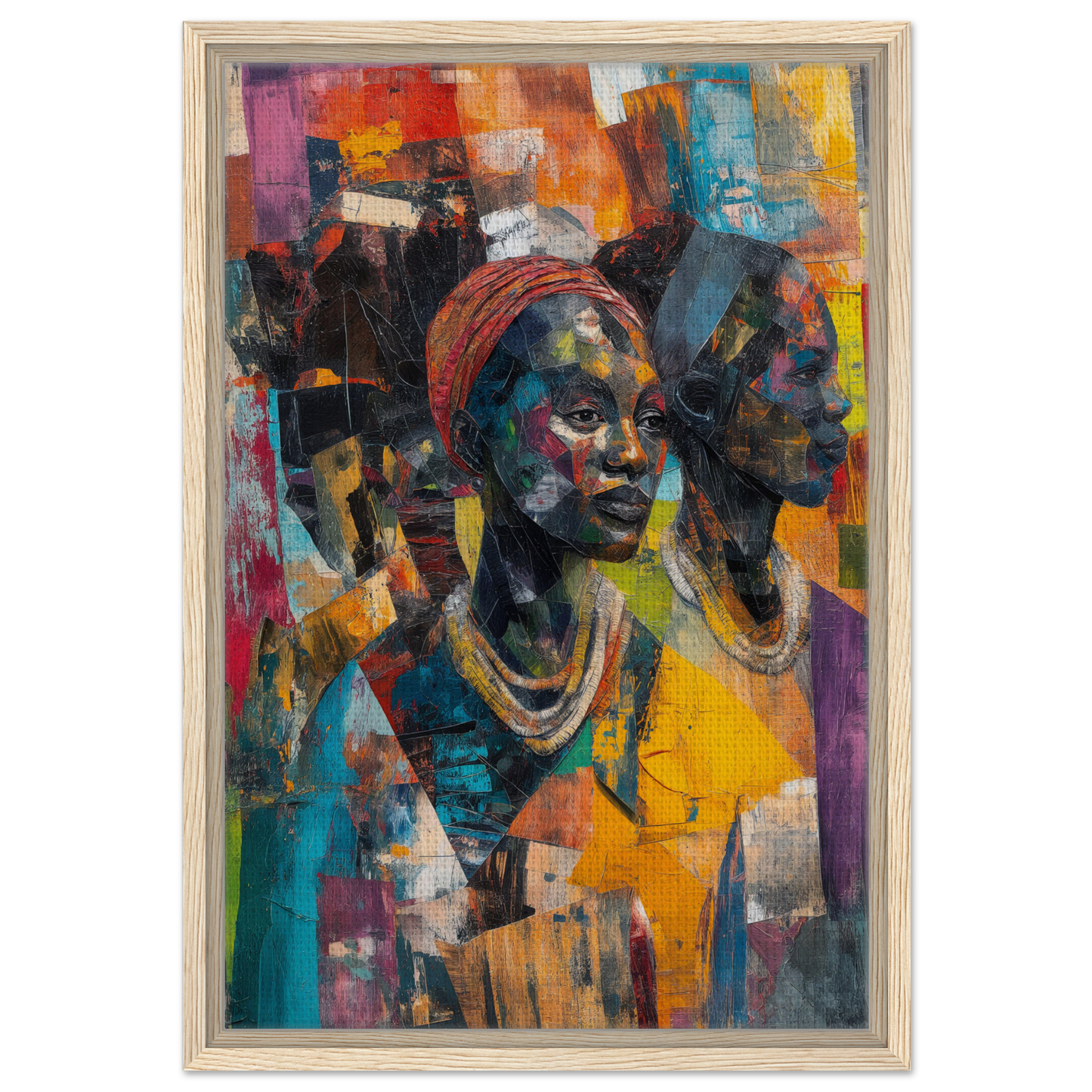 Vibrant abstract portrait of person in headwrap, part of Cubist Souls Dance collection