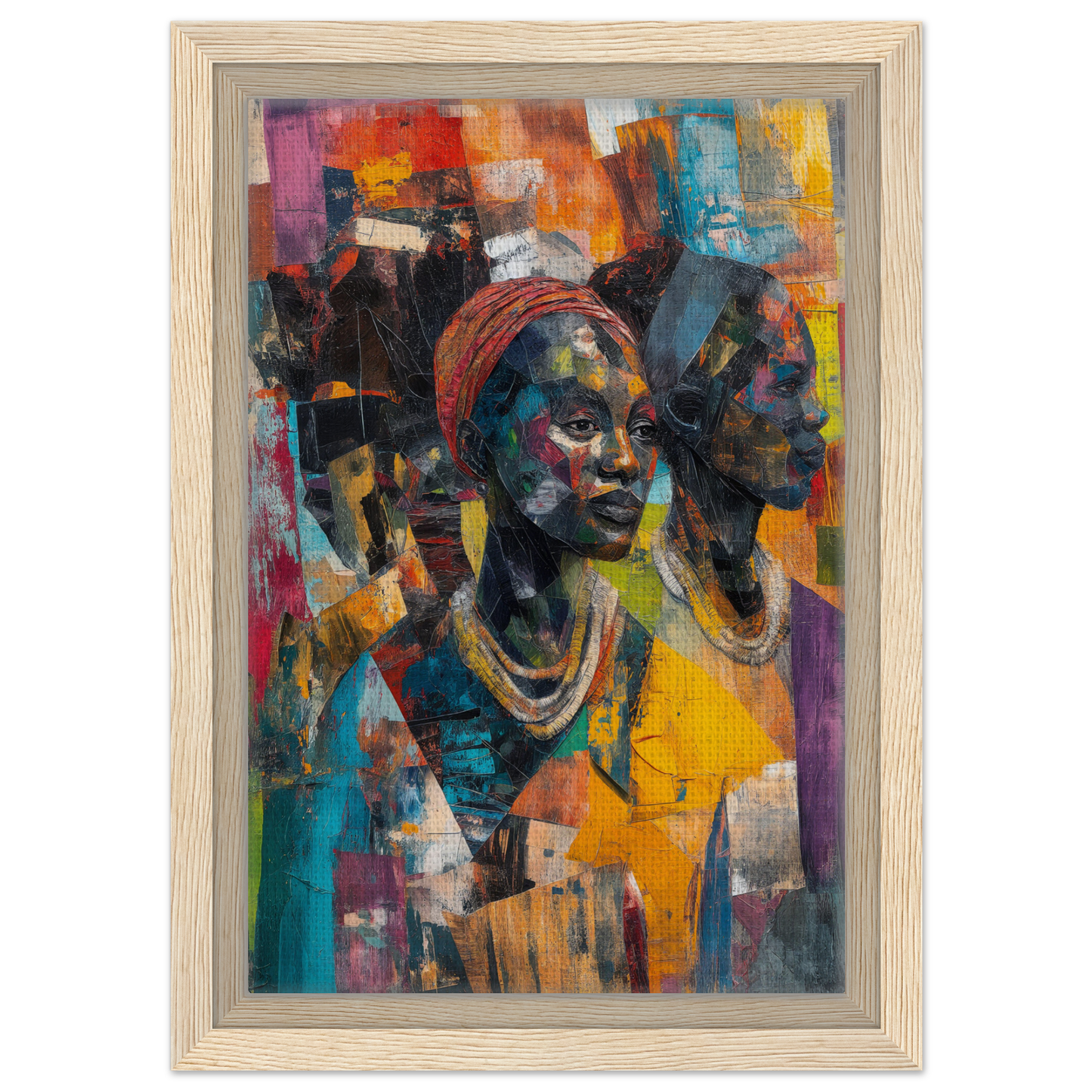 Vibrant portrait painting of African figures featured in Cubist Souls Dance framed art