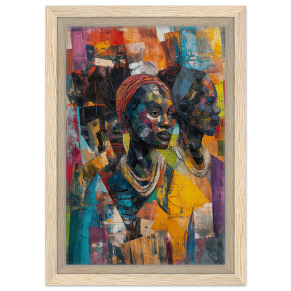 Vibrant portrait painting of African figures featured in Cubist Souls Dance framed art