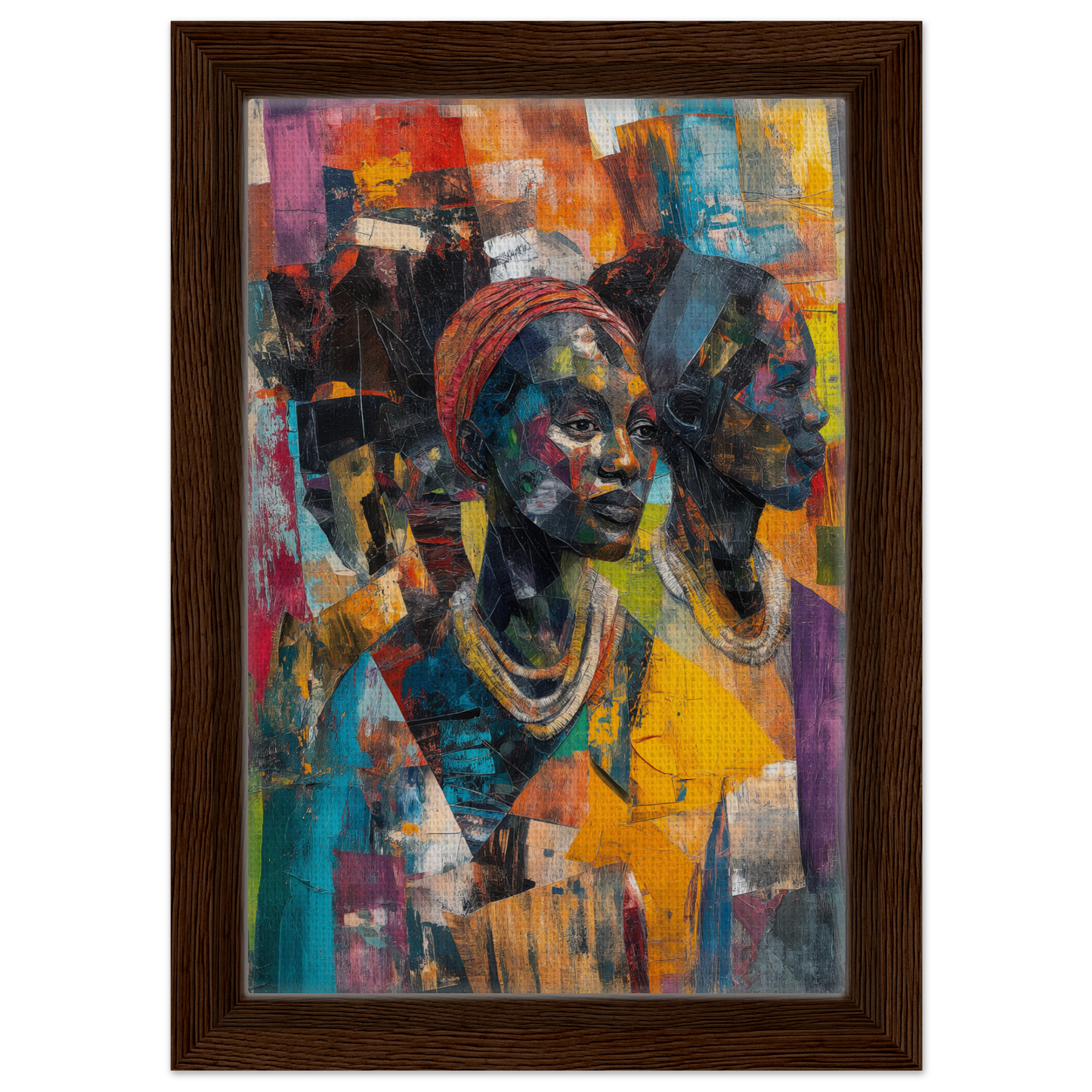 Vibrant portrait painting of two African figures for Cubist Souls Dance framed canvas art