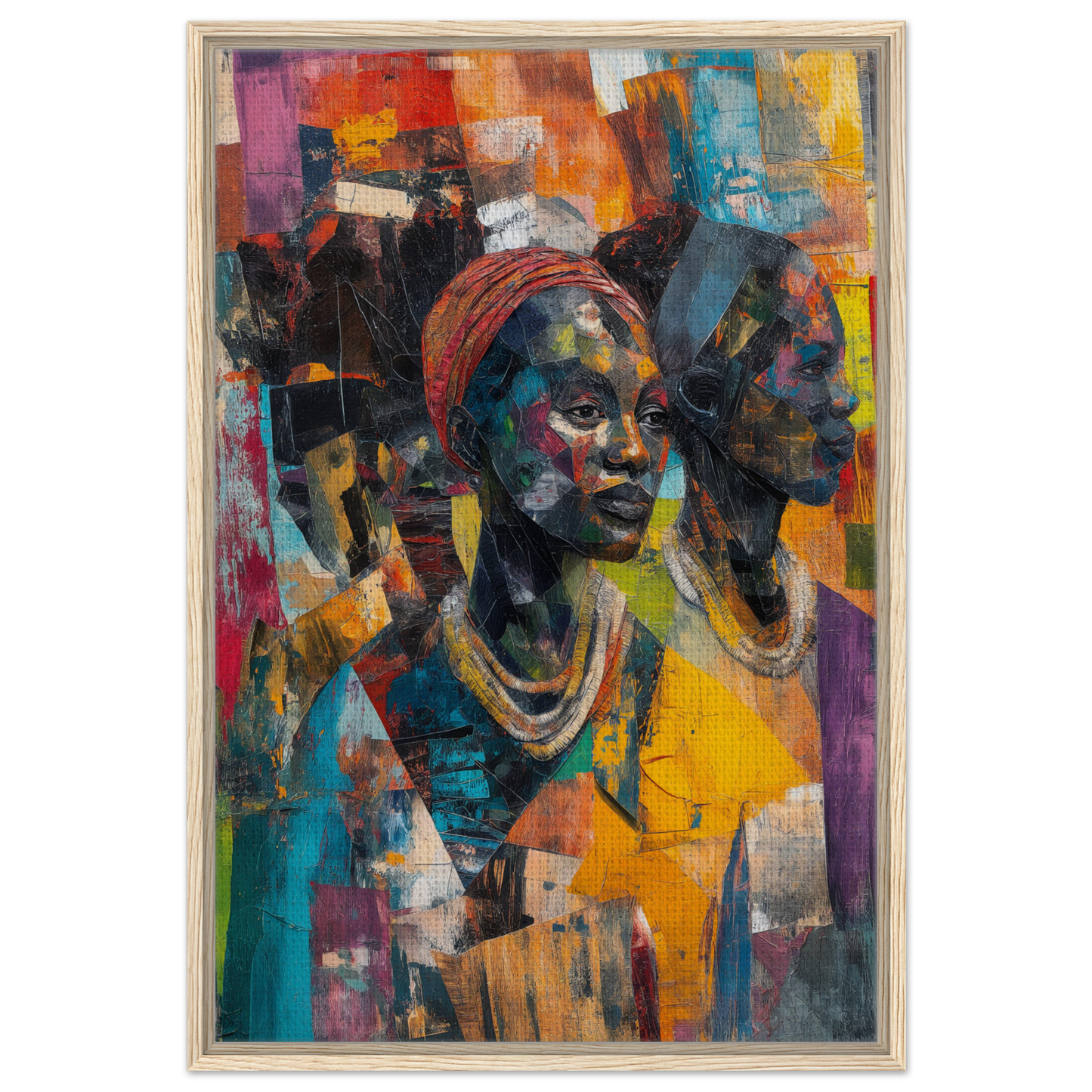 Vibrant portrait art of a person in headwrap and necklace for Cubist Souls Dance room decoration