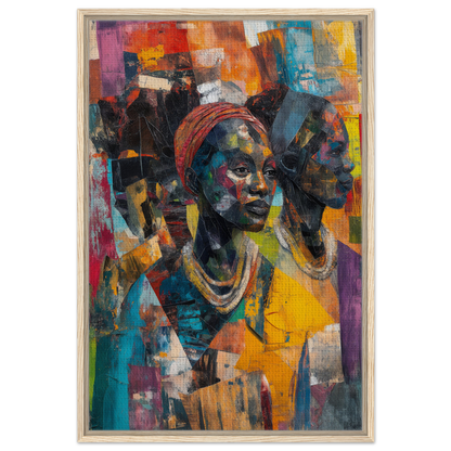 Vibrant portrait art of a person in headwrap and necklace for Cubist Souls Dance room decoration