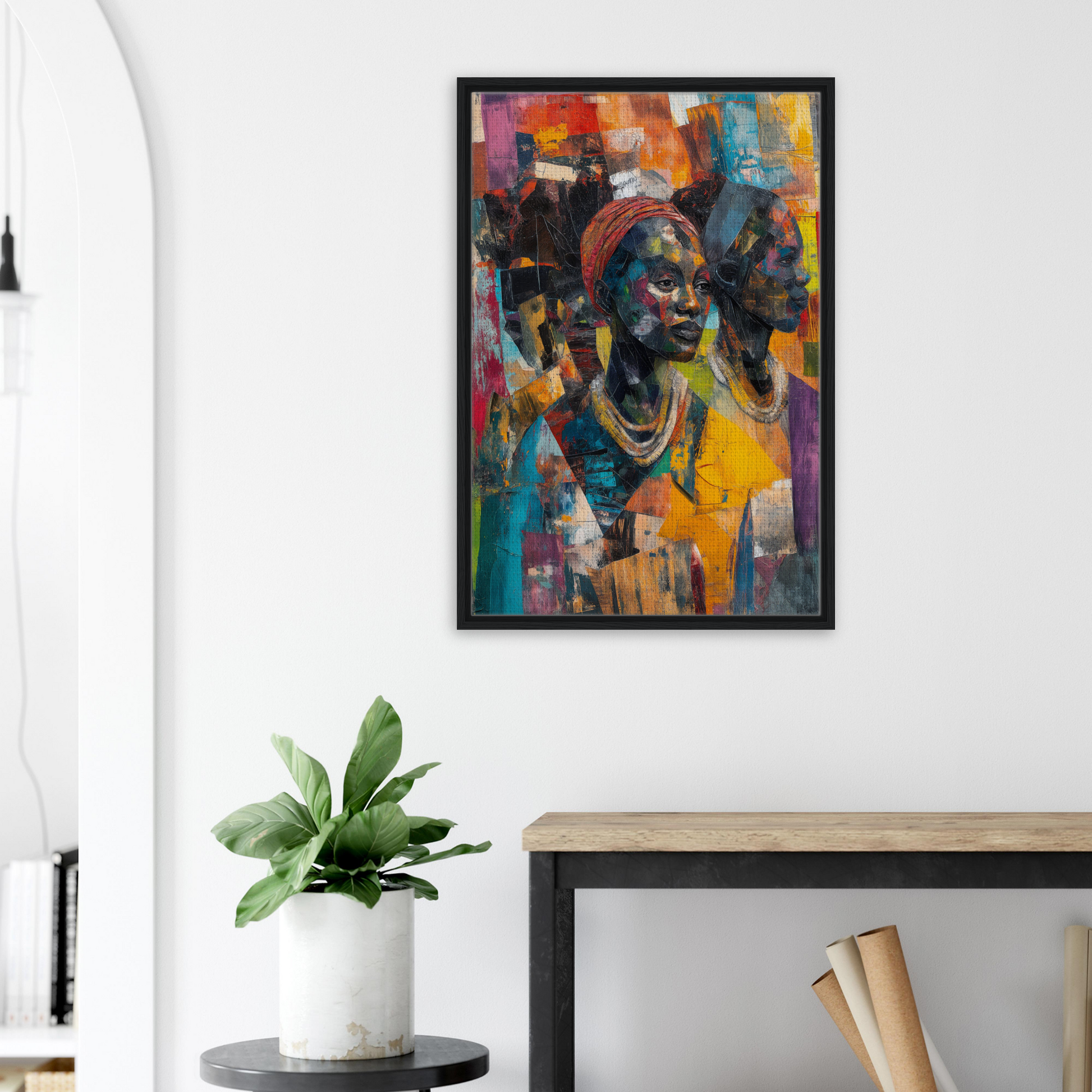 Vibrant abstract portrait painting in a black frame, part of Cubist Souls Dance