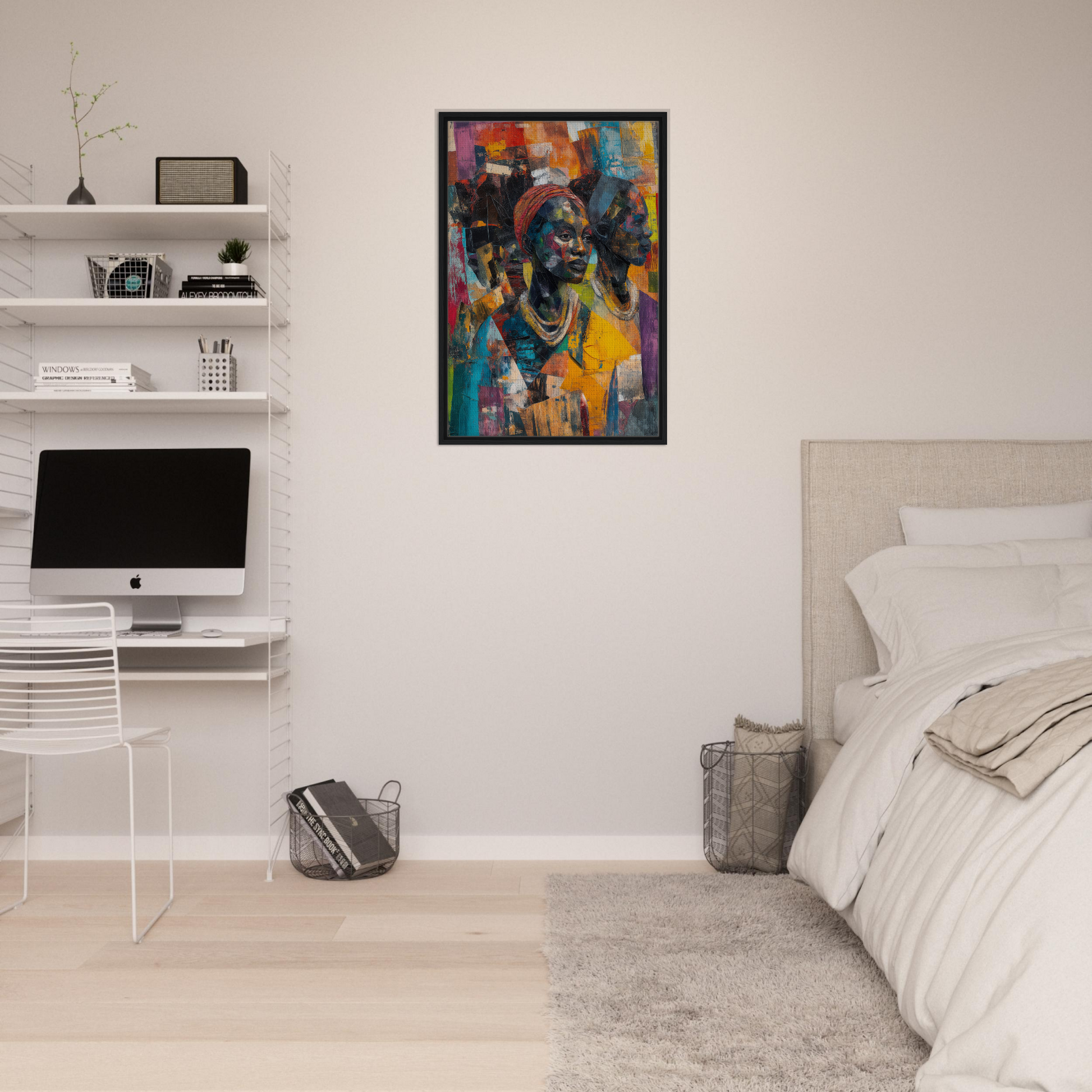 Colorful abstract portrait in black frame, featured in Cubist Souls Dance collection