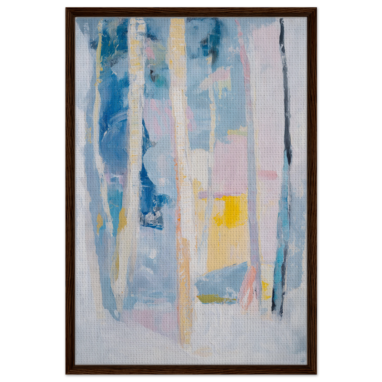 Abstract painting with blue, white, and yellow streaks for Cyan Green Seclusions framed canvas print