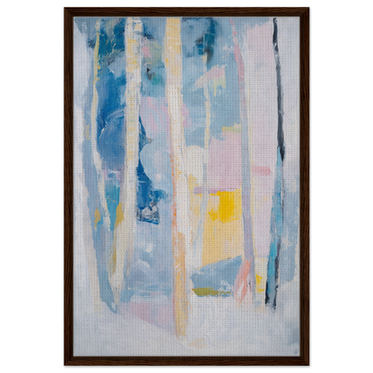 Abstract painting with blue, white, and yellow streaks for Cyan Green Seclusions framed canvas print