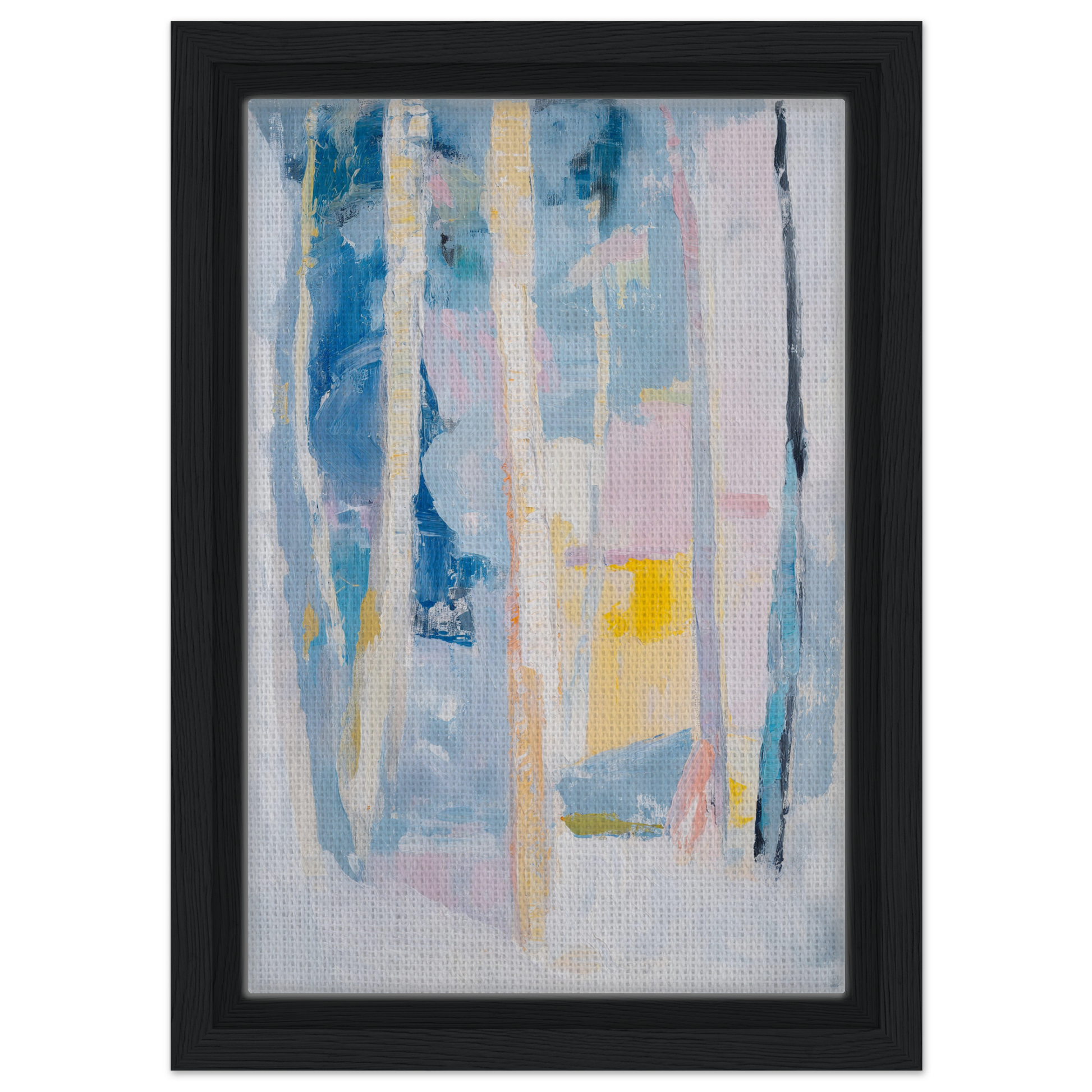 Abstract painting with soft vertical stripes in blue, pink, and yellow for Cyan Green Seclusions