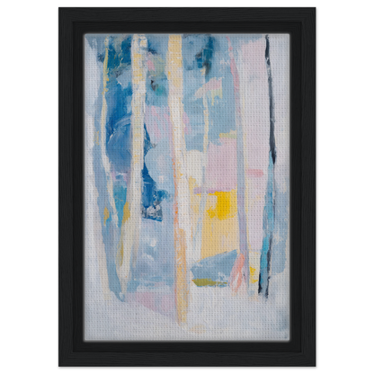 Abstract painting with soft vertical stripes in blue, pink, and yellow for Cyan Green Seclusions