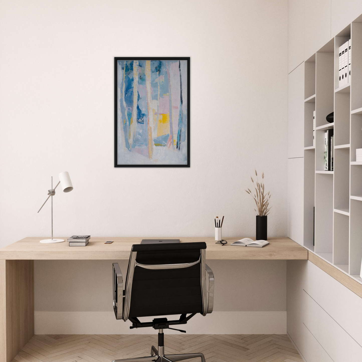 Minimalist home office featuring cyan green seclusions, wooden desk, and stylish decor