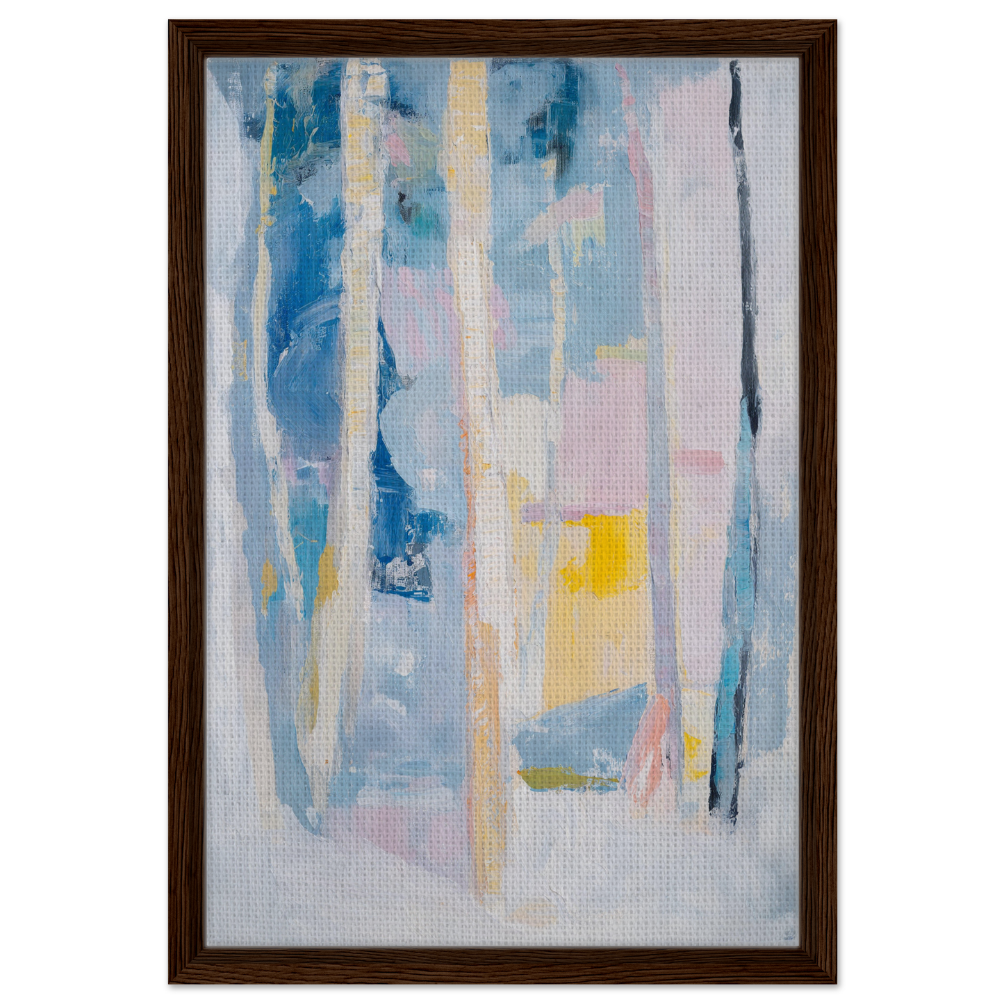 Abstract painting in soft blues, pinks, and yellows for Cyan Green Seclusions room decor