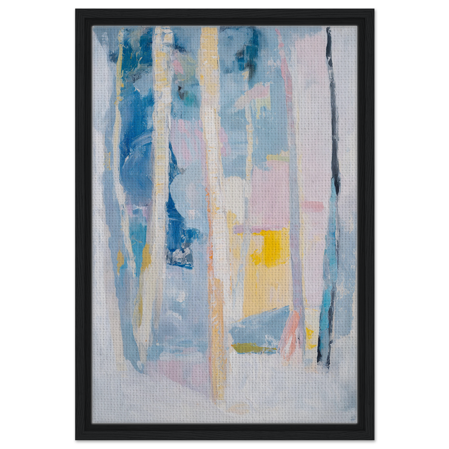 Abstract painting in soft blues, yellows, and pinks for Cyan Green Seclusions room decor