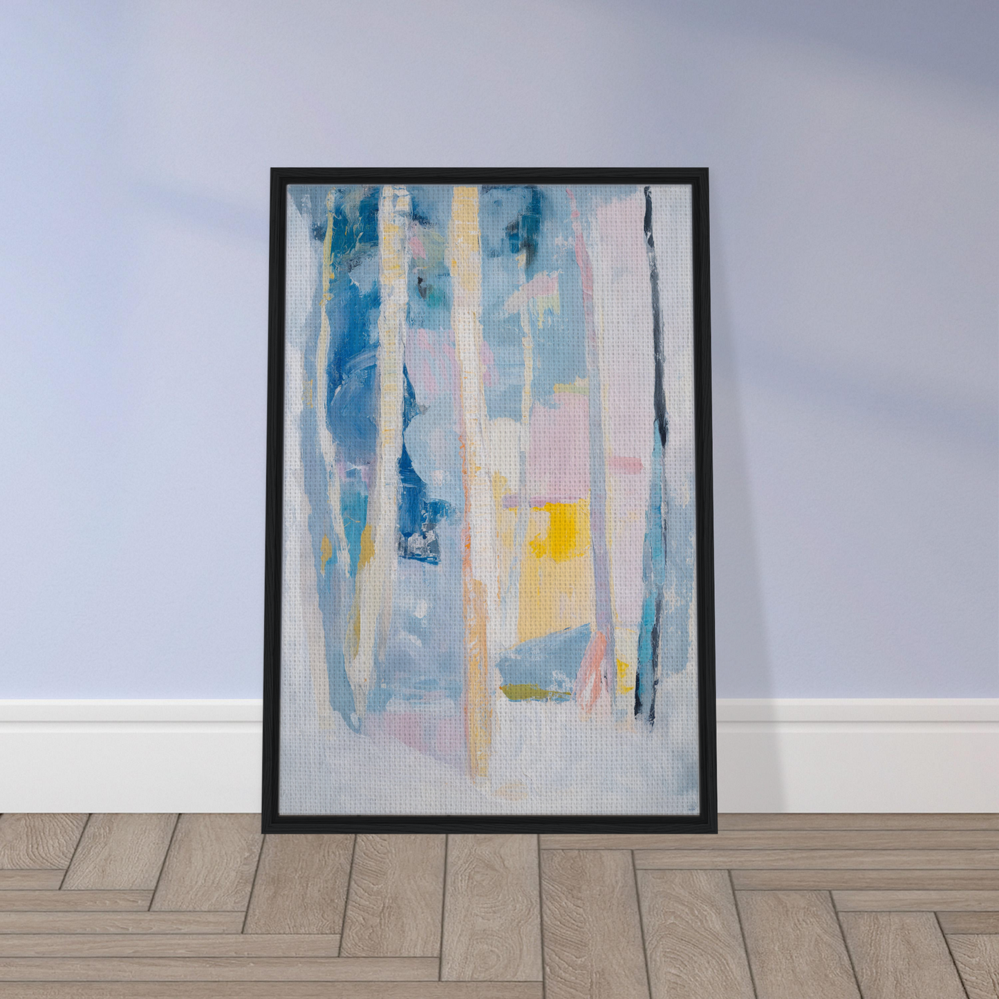 Framed canvas print of Cyan Green Seclusions featuring abstract vertical strokes in blue, white, and yellow