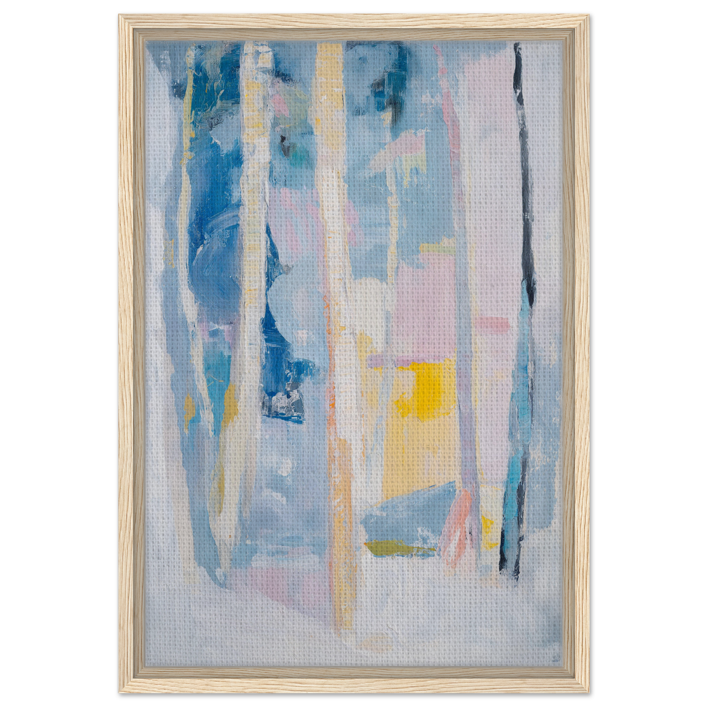 Abstract painting with vertical streaks in soft blues, pinks, and yellows, Cyan Green Seclusions