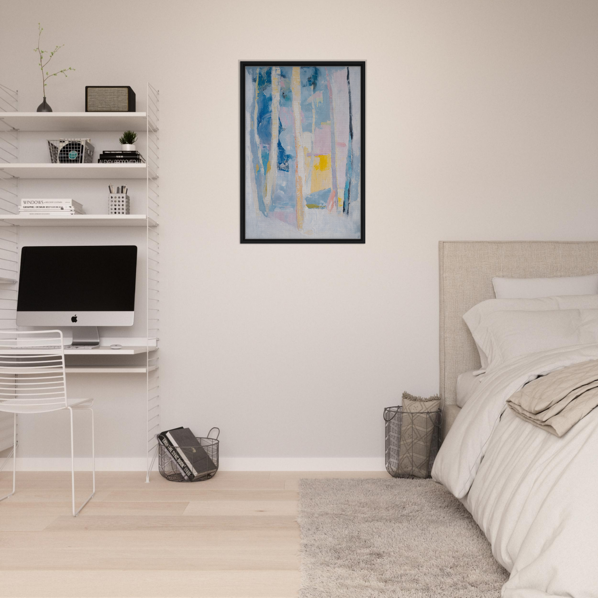 Minimalist bedroom featuring a white color scheme and Cyan Green Seclusions artwork