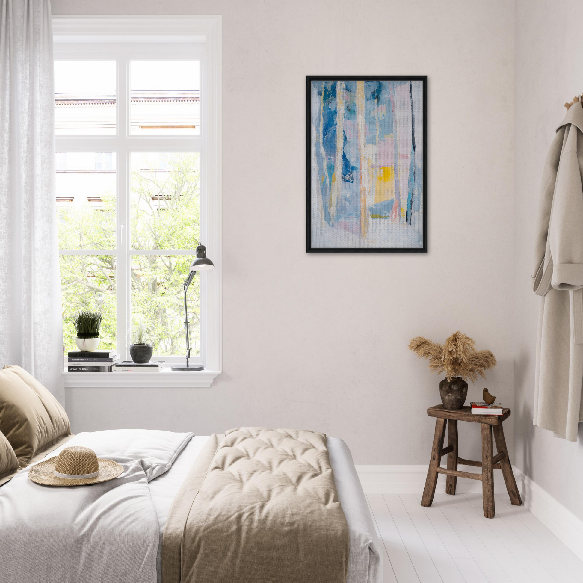 Bright airy bedroom with white decor and minimalist furnishings in Cyan Green Seclusions