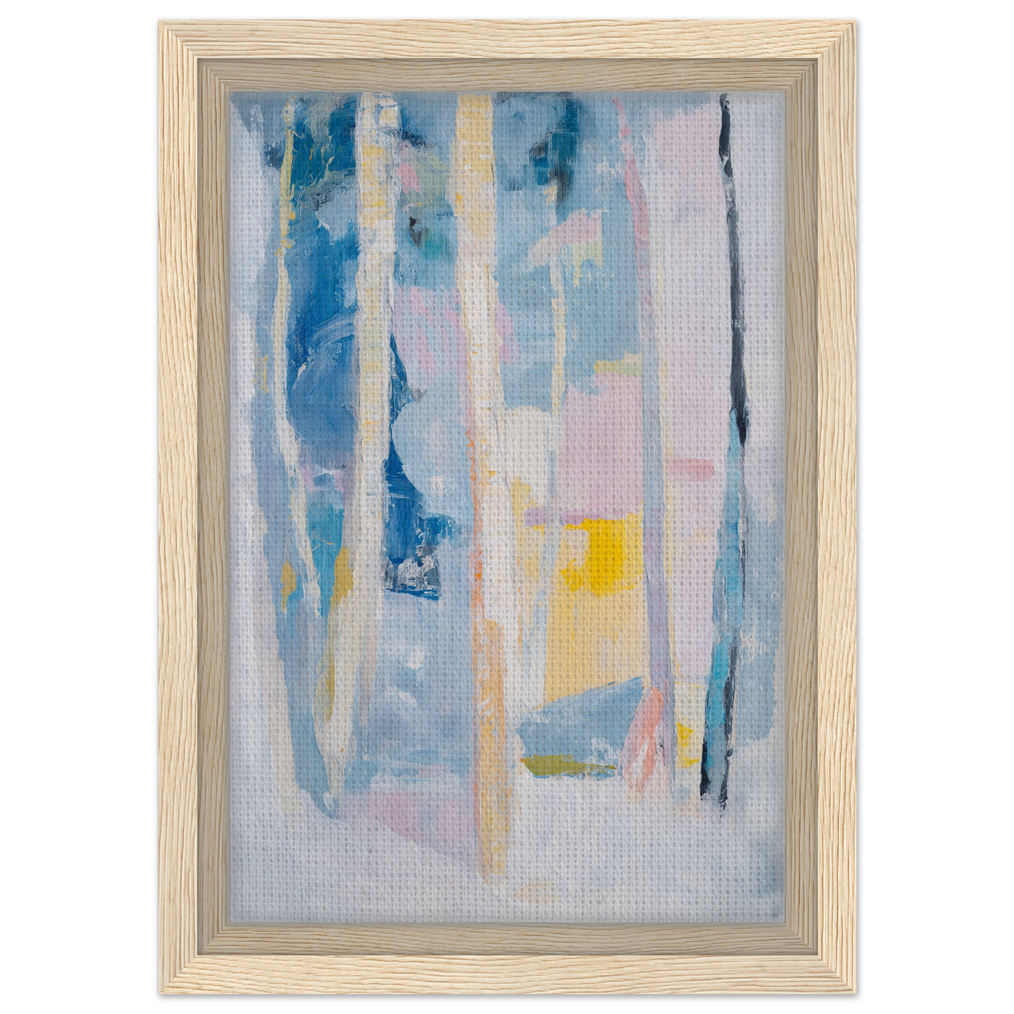 Abstract painting in blue, pink, and yellow titled Cyan Green Seclusions, framed canvas print