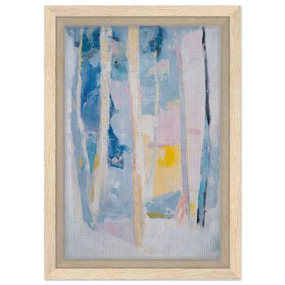 Abstract painting in blue, pink, and yellow titled Cyan Green Seclusions, framed canvas print