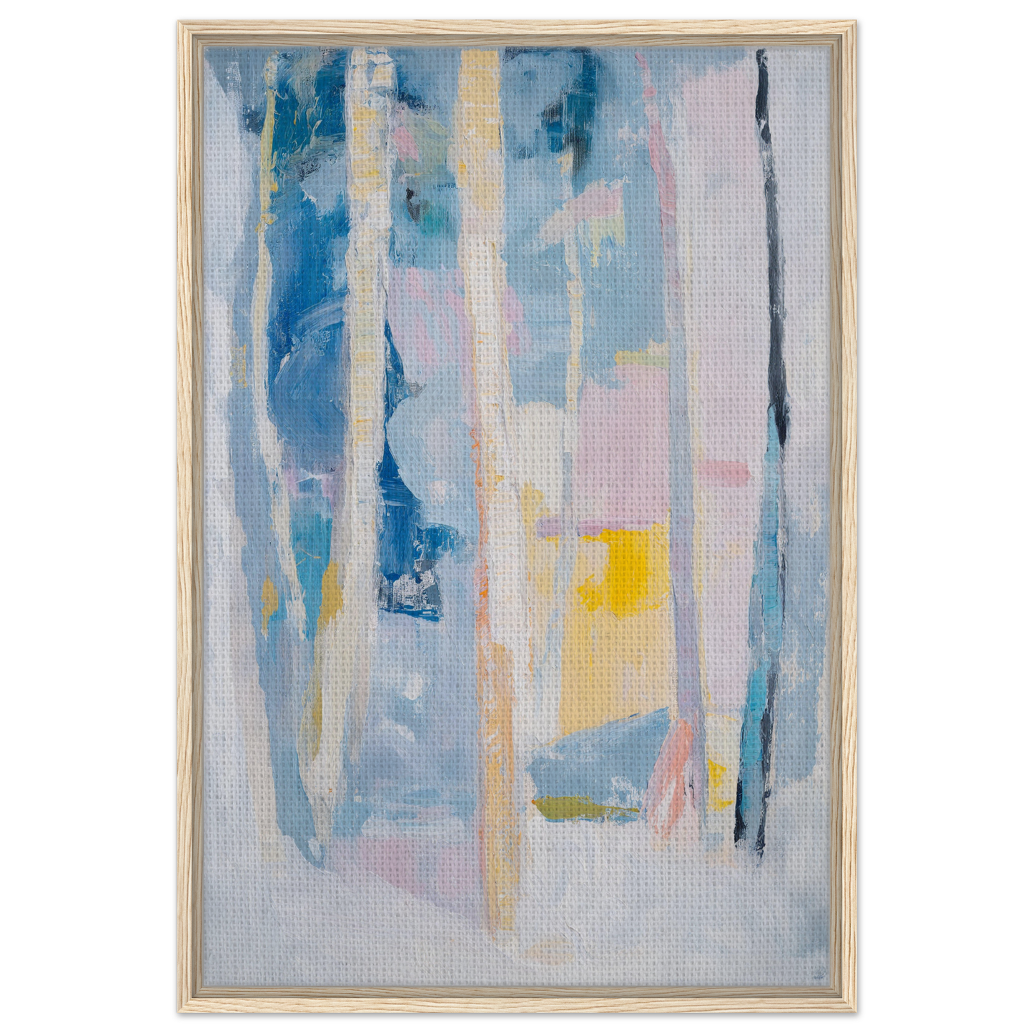 Abstract painting in Cyan Green Seclusions with vertical blue, pink, and yellow streaks