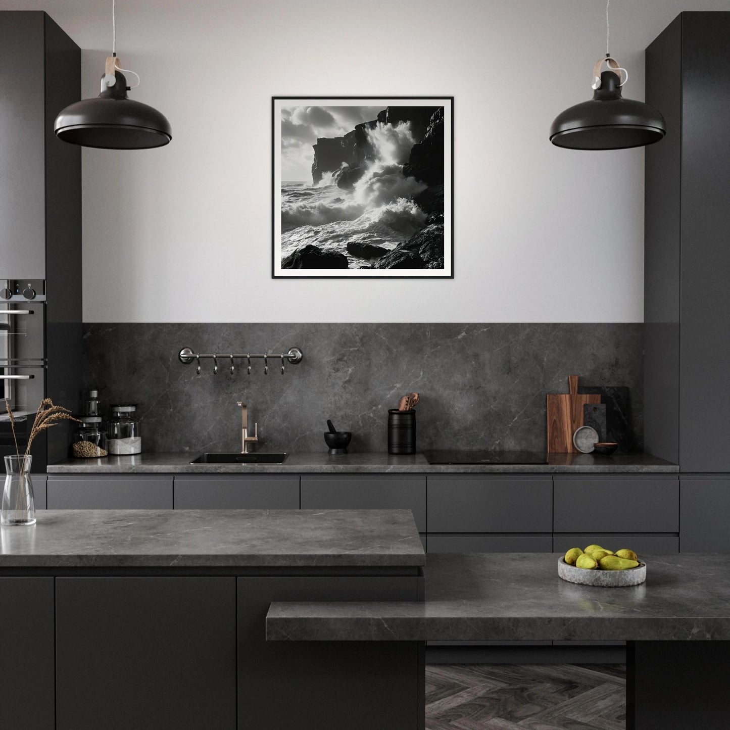 Modern dark gray kitchen with Ephemeral Stone Symphony framed poster and industrial lights