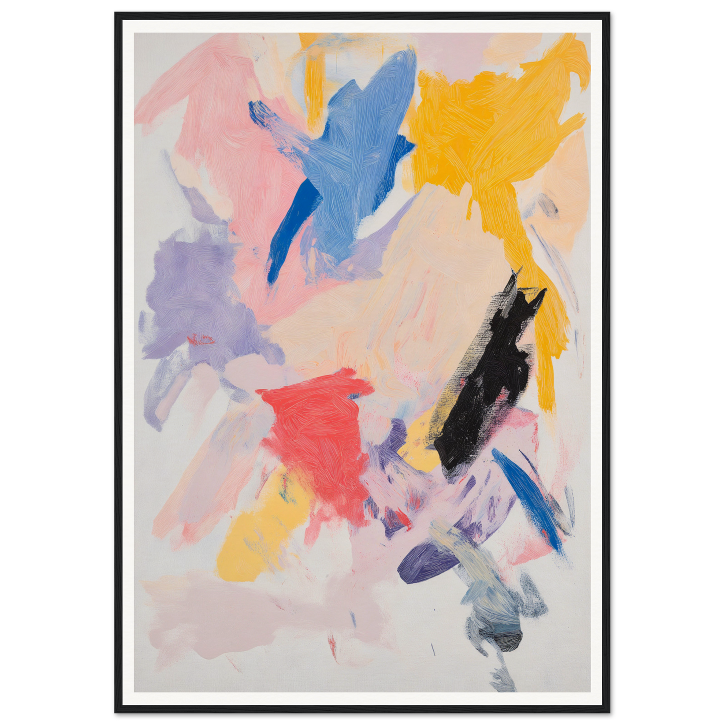 Framed wall art with colorful brushstrokes in pink, blue, yellow, red, and black.